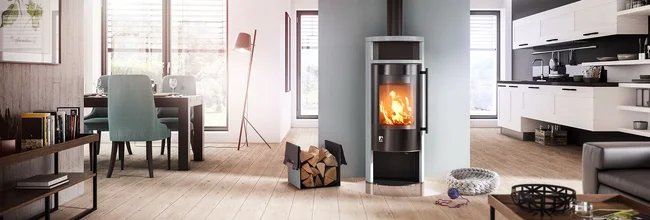 Kaminofen Drooff Aprica 2 Plus Trend PremiumWhite mit Holzfachtür mit Glasdekor mit Teefachblende DIBT-Zulassung