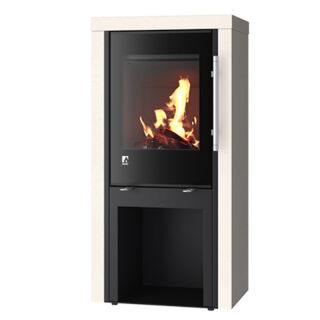 Kaminofen Drooff Imola SP Stahl schwarz Natursteinverkleidung PremiumWhite