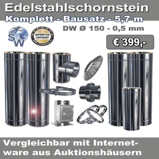 Edelstahlschornstein Bausatz - Sonderangebot 5,7m - Ø 150 - 0,5 mm