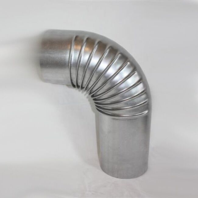 Ofenrohr-Bogen aus gebläutem Stahlblech, ohne Reinigungsöffnung (an der engen Seite ca. 15 cm verlängert) 90° 100 mm