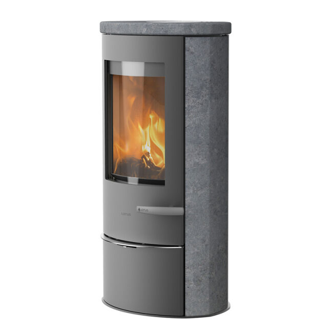 Kaminofen Lotus Liva 5 S mit Natursteinverkleidung, Indian Night Seiten/Oberplatte