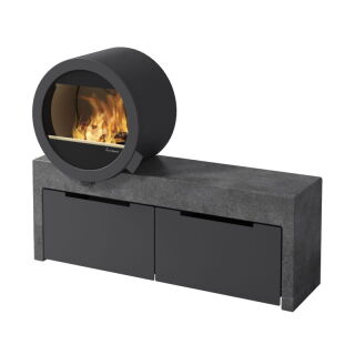 Nordpeis Kaminofen Me Bank Kamin links ohne Seitenscheiben mit Schubladenset Front schwarz Stahl 401144 + 806803