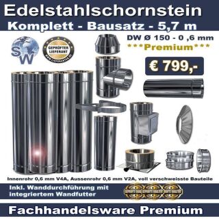 Edelstahlschornstein Bausatz 5,7 m - Ø 150 - 0,6 mm | Premium Fachhandelsware 