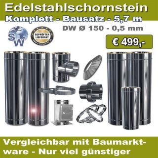 Edelstahlschornstein Bausatz Sonderangebot 5,7 m - Ø 150 - 0,5 mm - Baumarkt 
