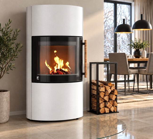 Drooff Kaminofen Catania 6 kw StilBeton cream mit Metall-Griff mit Birkenrinde
